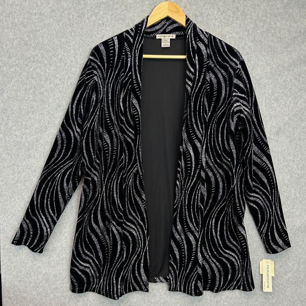 Notations Sz Large Cardigan Jacket Black Velvet Silver Metallic Wave Evening NWT